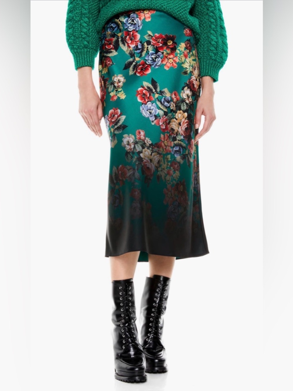 ALICE + OLIVIA Maeve Floral Slip Midi Skirt Bias Satin Green Black Pencil Long 0